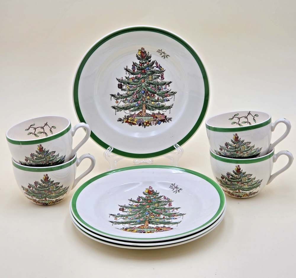 Spode Copeland Christmas Tree 8 Pc Snack Set 4 Dessert Plates Cups S3324 England